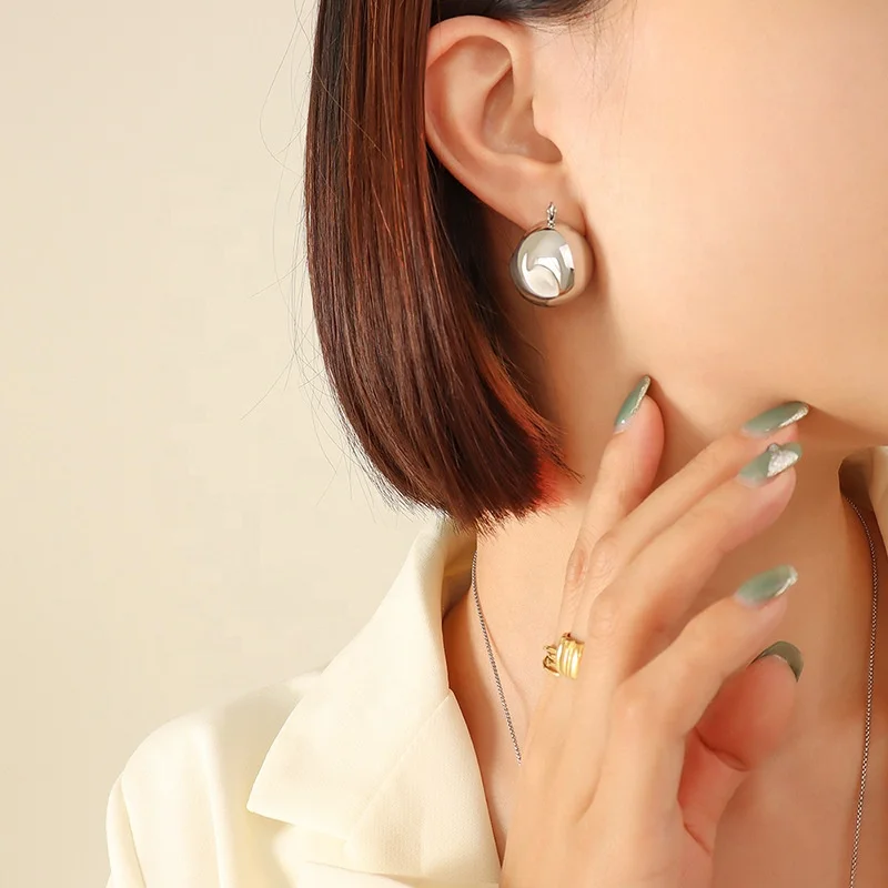 18K Gold Plated Round Ball Hoop Earrings Stainless Steel Fashion Jewelry