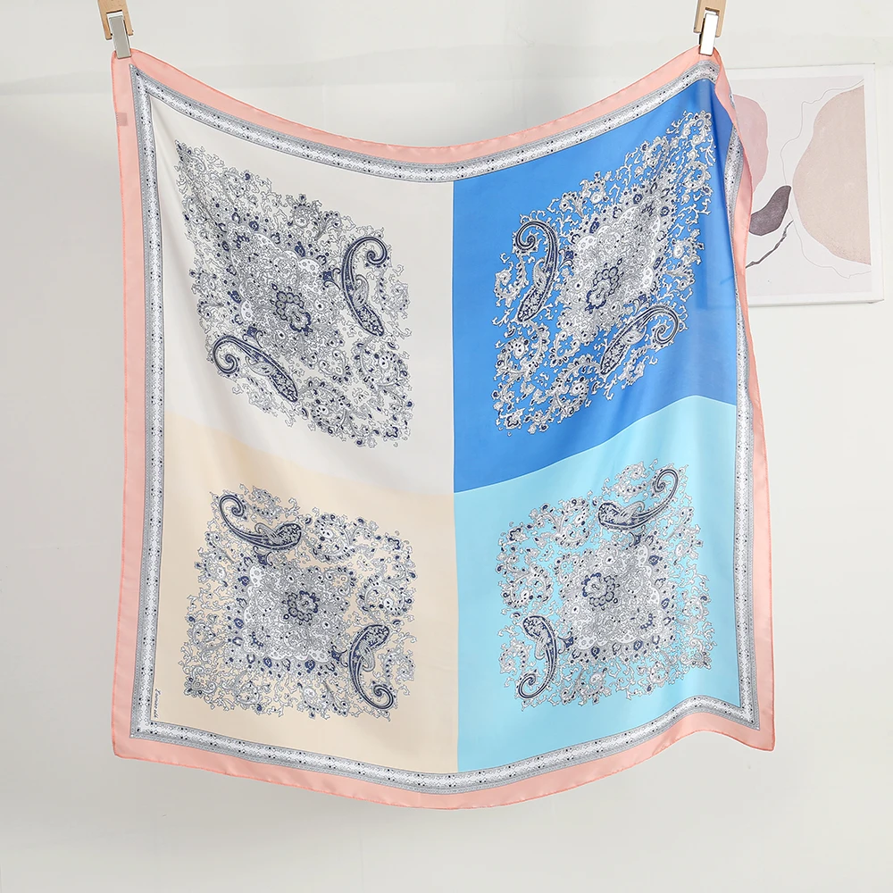 New Arrival 110*110cm Summer Hairband Bandana Floral Cashew Square Printed Hijab Women Satin Silk Scarf