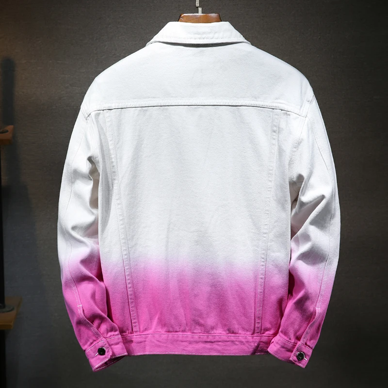 New Denim Jacket Hip Hop Streetwear Fashion Loose Men Gradient Red Blue Black White Design Jeans Jacket