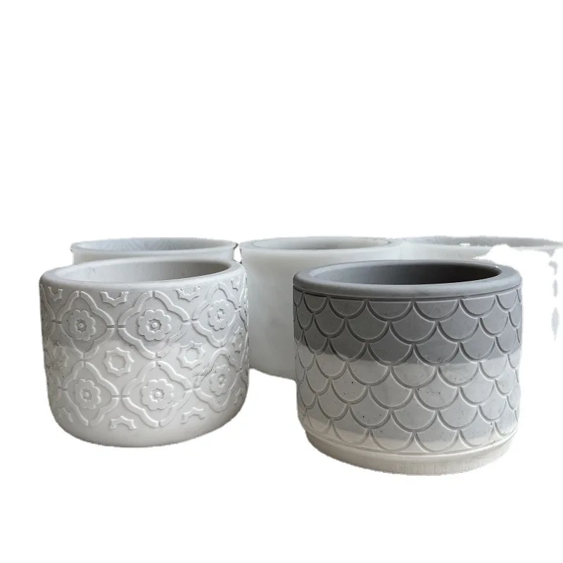 2153 Round pattern flower pot silicone mold Cement gypsum resin vase mold