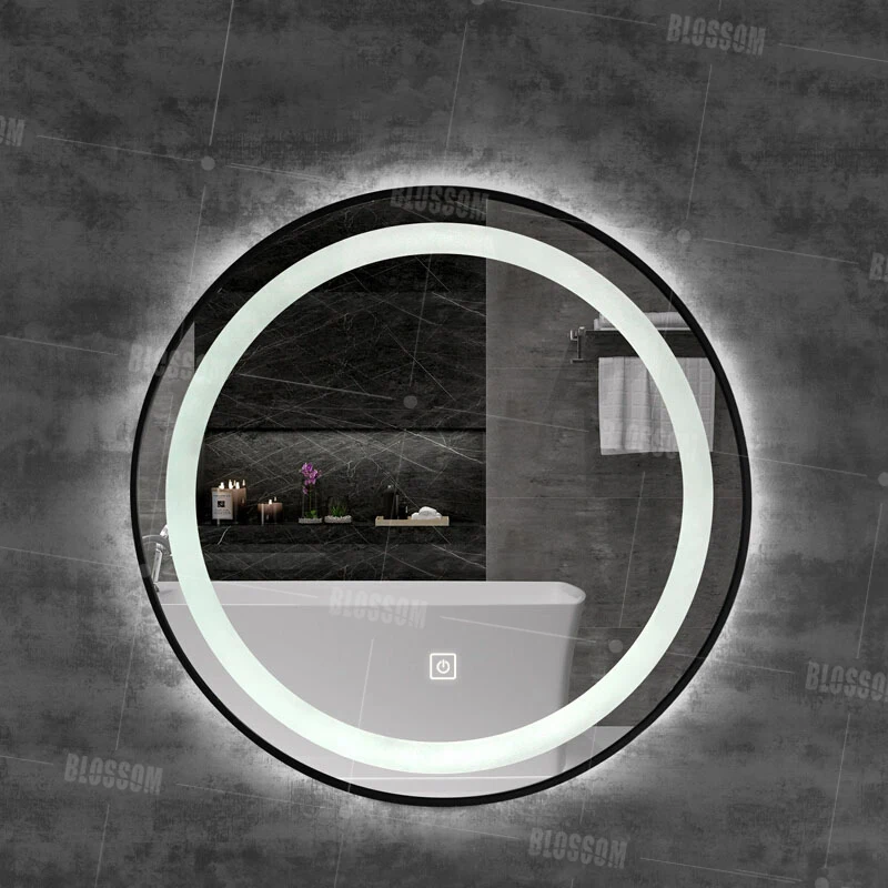 Led Mirror With Touch Sensor Bathroom Mirrors Contemporary Design Black Frame Round  Bathroom Mirror