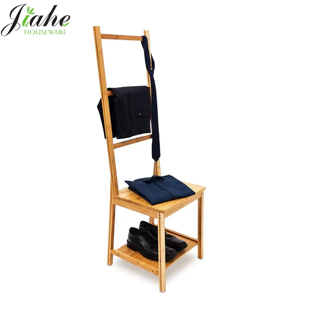 Bamboo Clothes Valet Chair Bathroom Chair with Towel Holders Clothes Stand with 3 Rails,