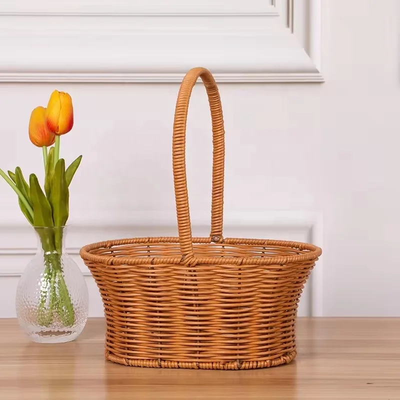 New Rattan Woven Flower Basket Garden Iron Hand-held Flower Basket Woven Rattan Decorative Flower Basket Wholesale