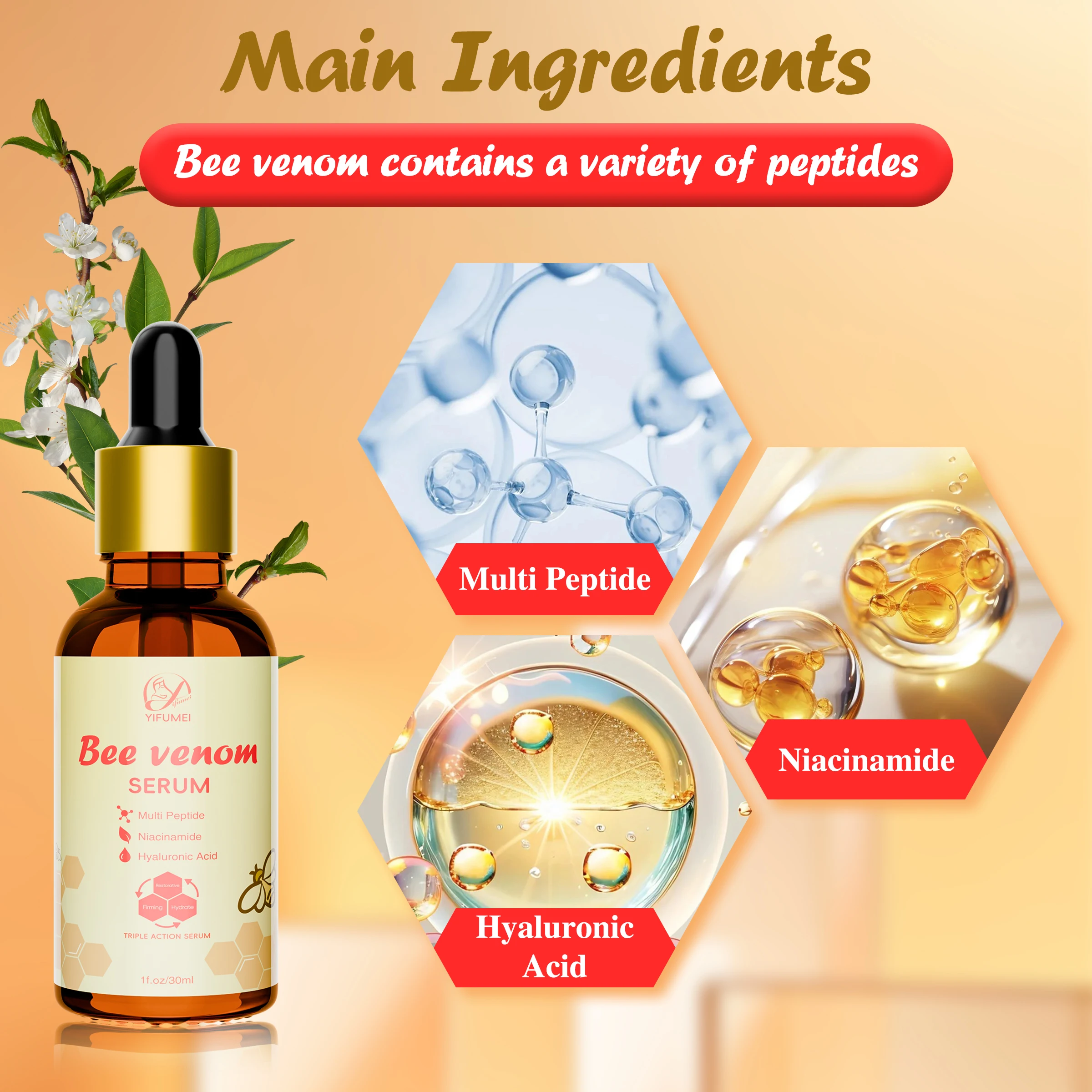Private Label Triple Action With Multi Peptide Hyaluronic Acid Moisturizer Anti-Aging Anti-Wrinkle Face Repair Bee Venom Serum