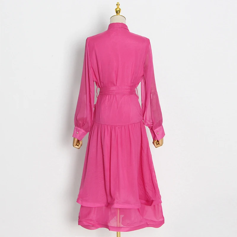 TWOTWINSTYLE Ruffle Dress For Women Lace Up High Waist Asymmetrical Midi Dresses Female Clothes