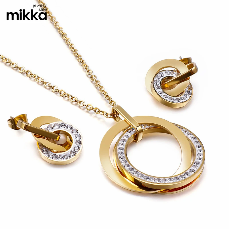 Lady Stainless Steel Jewelry Wedding Gift 18K Gold Dubai Jewelry Set Zircon Charm Necklace Earring Jewelry Set