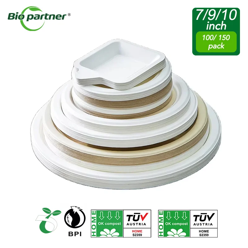 Wholesale BPA Free birthday Round Disposable Sugarcane Pulp Paper Party White Plate Wedding Dinner Plates Tray