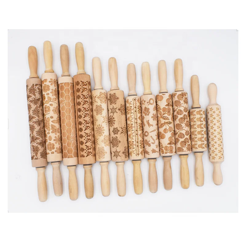 Essential durable solid wood  kitchen roller Christmas wooden embossed rolling pin