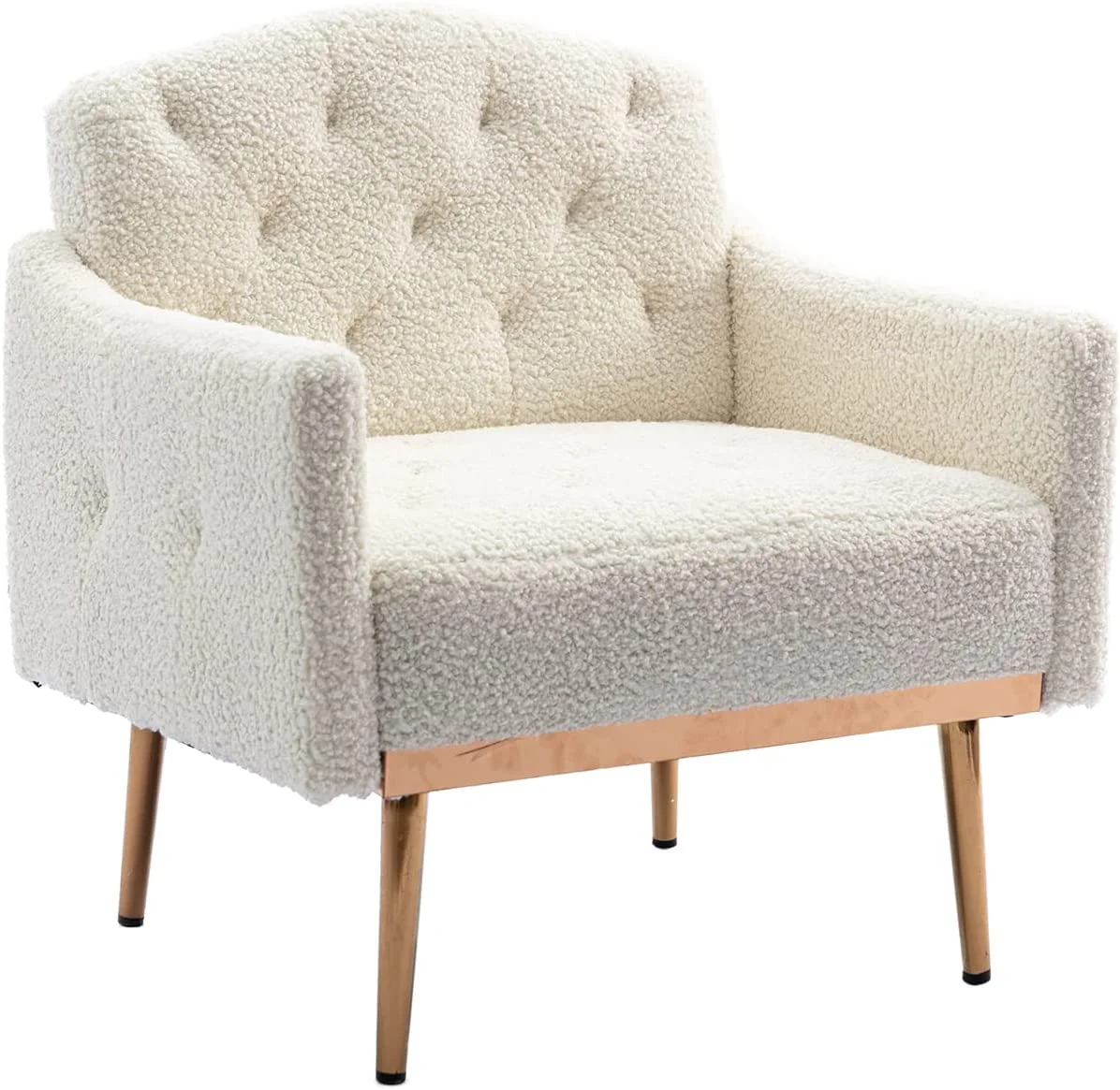 Modern Living Room Accent Arm Chair Tufted Decorative White Single Sofa Fabric with Gold Metal Legs
