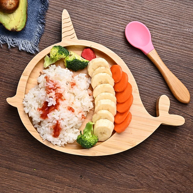 Bamboo Plate with Silicone Suction Baby and Toddler Feeding Plate with Strong Suction Bamboo Narwhal Plate