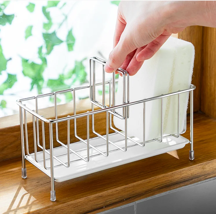 Adjustable Sink Storage Caddy Stainless Steel Kitchen Sponge Holder With Water Tray