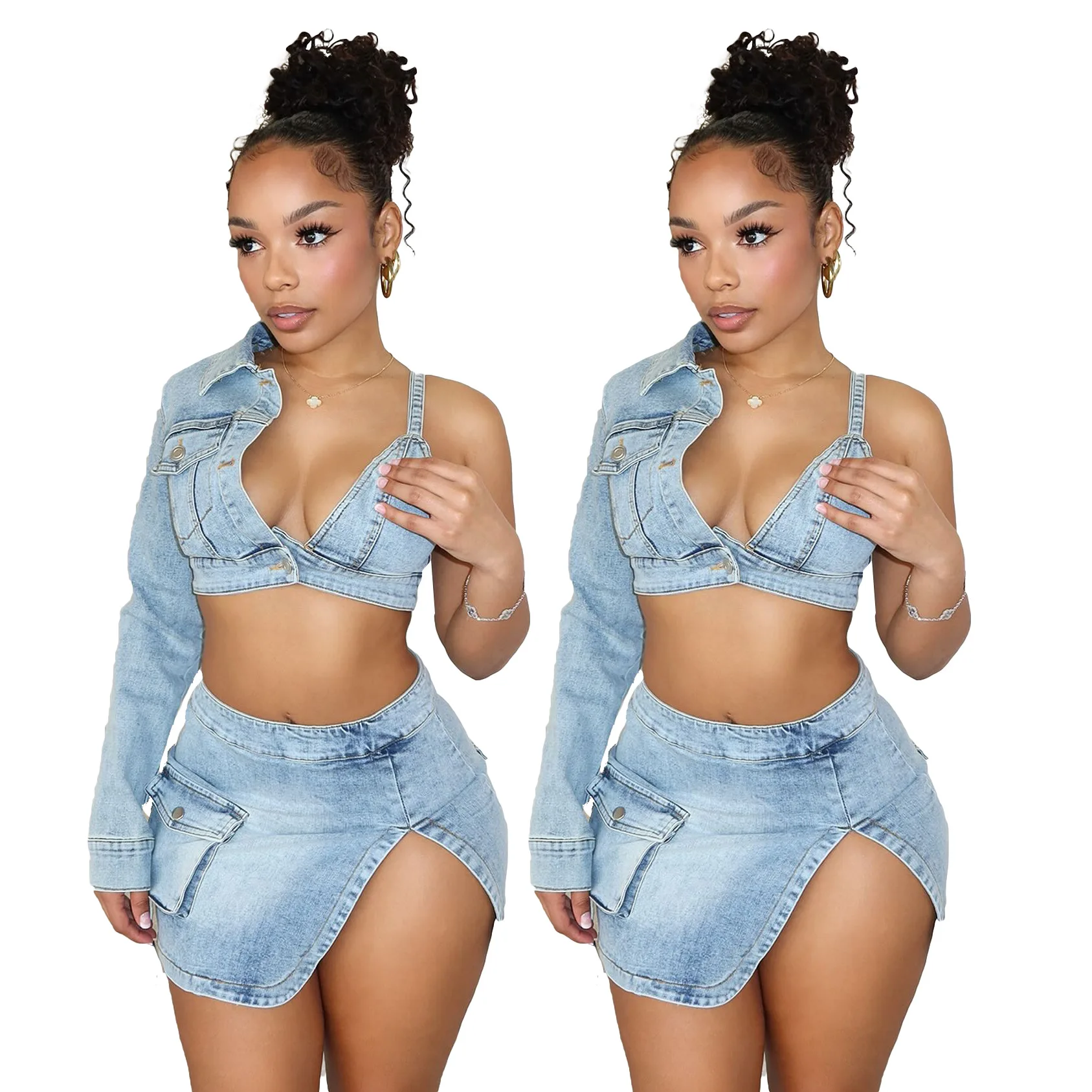 Sexy Stretch Jean Mini Skirt Outfits Women 2 Piece Set Fashion Asymmetry Jacket Bra Top With Skirt Denim Slit Skirt Set