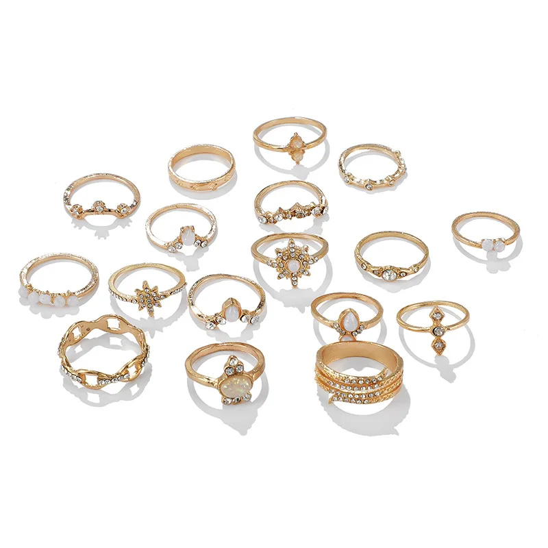 Boho 17pcs/sets Luxury Clear Crystal Stone Wedding Gold Finger Ring Sets for Women Men Water Drop Flowers Sun Geometric Jewelry