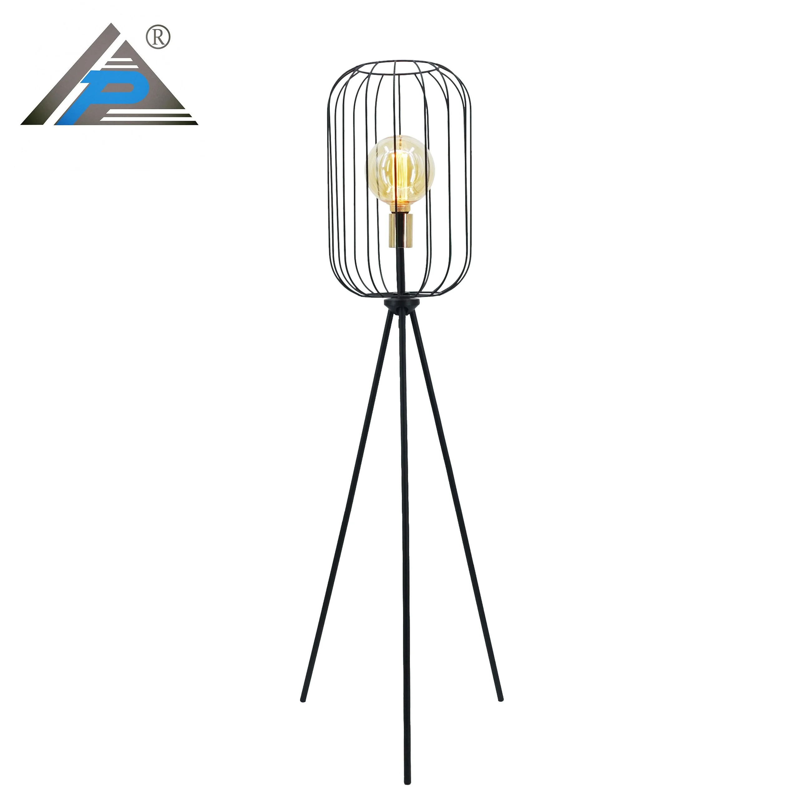 Contemporary Silhouette Design Indoor LED Standing Lighting Tall Matte Black Metal Cage Tripod Floor Lamp for Living Rooms
