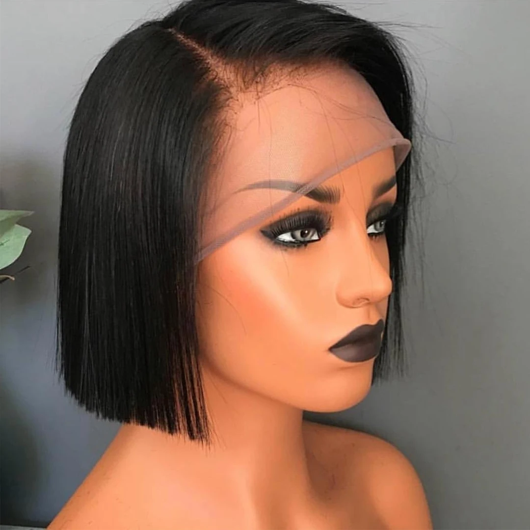 Оптовая продажа перуанские парики боб человеческие волосы на сетке спереди фронтальные HD для черных женщин прямые