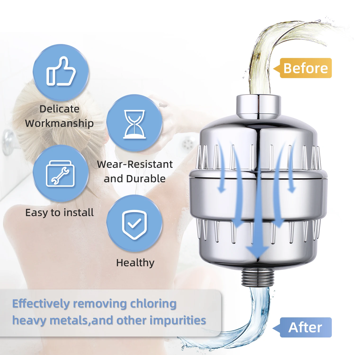 15 Stage Chrome Shower Water Filter With Carbon FDF Removing Chlorine Shower Head Filters For Hard Water