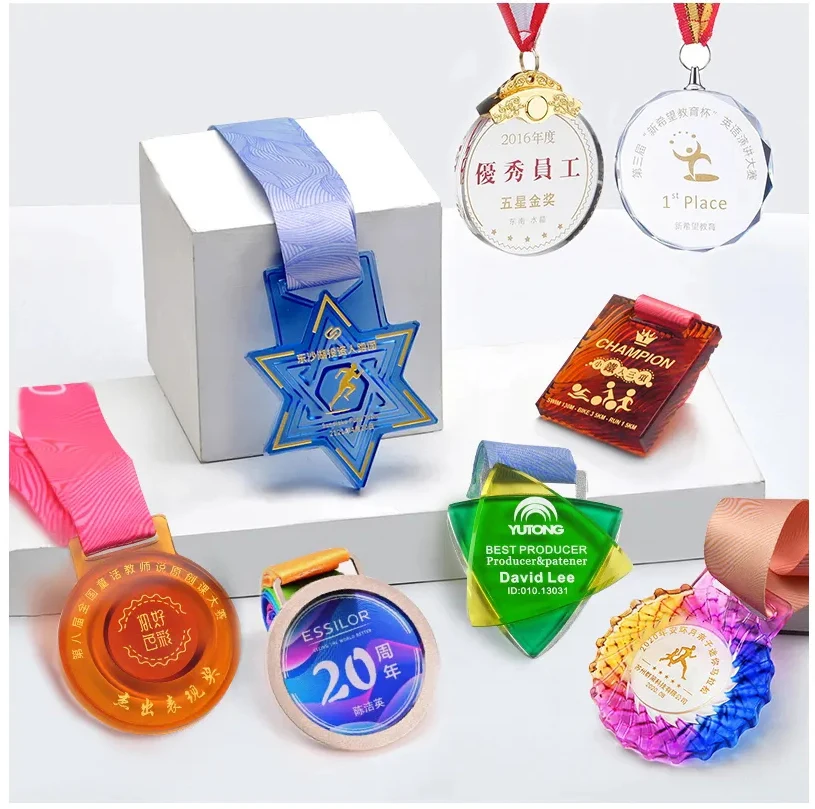 Jadevertu Personalized UV Printing Crystal Glass Medals Custom Sports Souvenir Medal With Ribbon