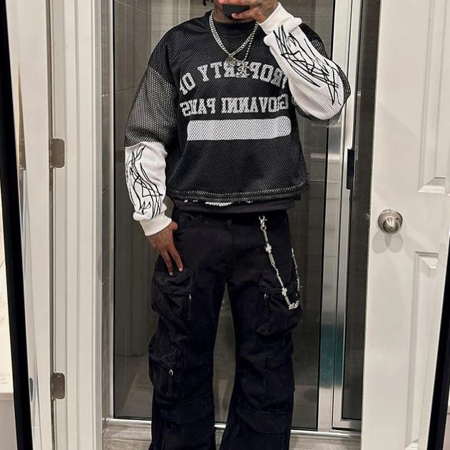 Printing  Mesh Long Sleeve Double Layer T Shirt White Sleeves Hoodies Sweatshirts Double Knit Short Sleeve T-Shirt