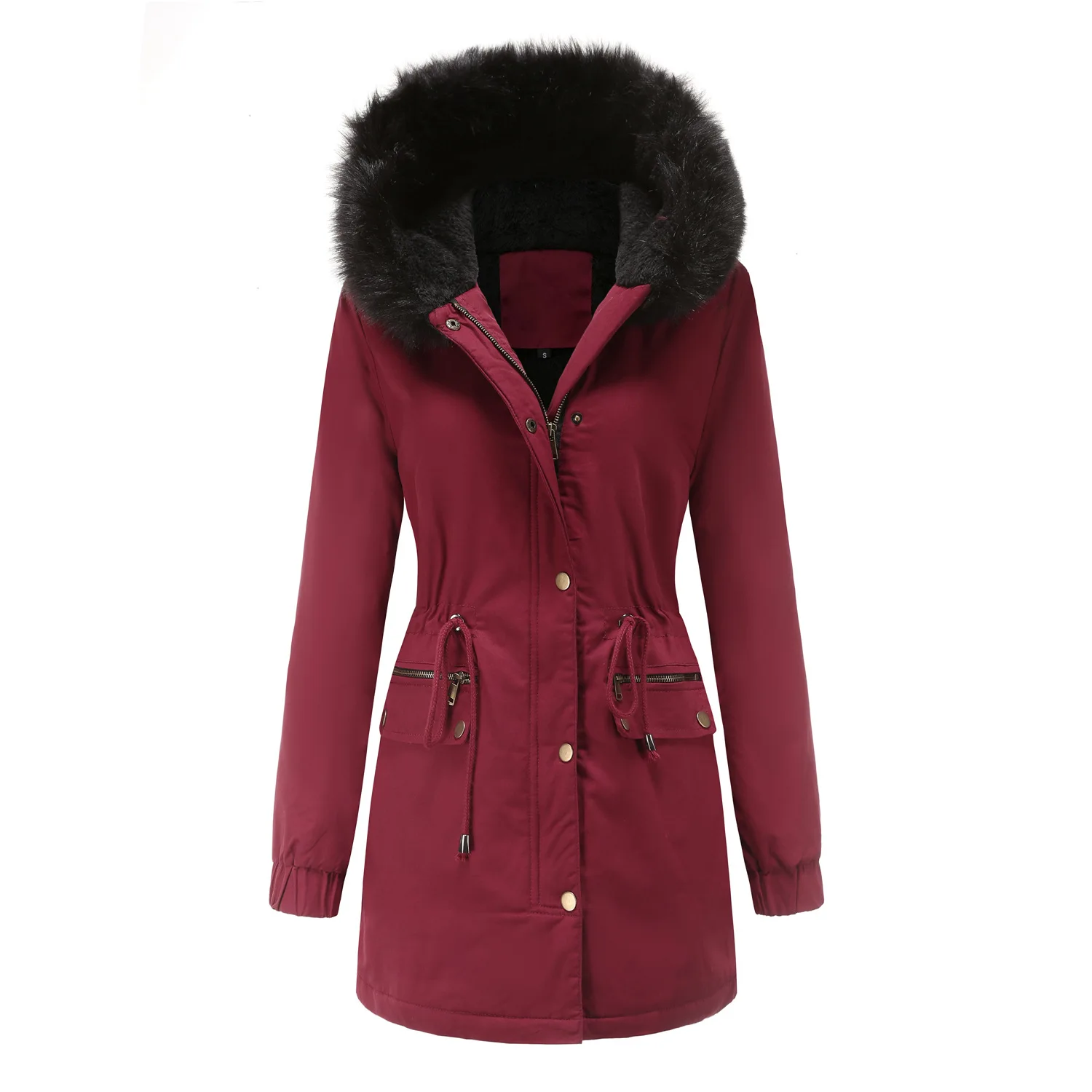 Hooded Womens Mid-Length Winter Coat Long Lined Parka Jacket Lined With Fleece Warm Padding Thicken Overcoat