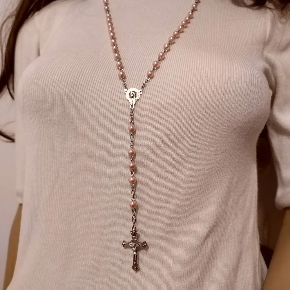 Pink and beige glass imitation pearl prayer beads Fatima cross necklace