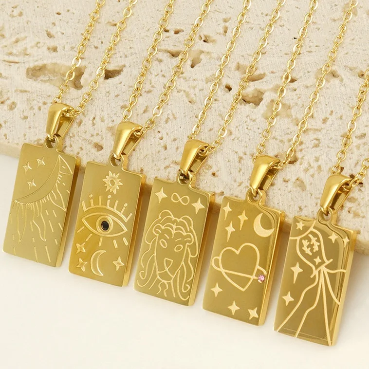 Exquisitely Carved Lion Evil Eyes Zircon Tarot Pendant Necklace Fashion Tarnish Free Gold Plated Stainless Steel Choker Necklace