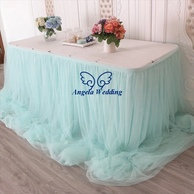 CL072Q fancy factory fast shipping Christmas different dark green ruffled turquoise chiffon and tulle wedding bridal table skirt