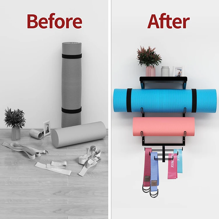 JH-Mech Home Gym Accessories Organizer 2 Tier Yoga Mat Organizer & 6 Hooks With Floating Shelf Yoga Mat Wall Mount Storage Rack