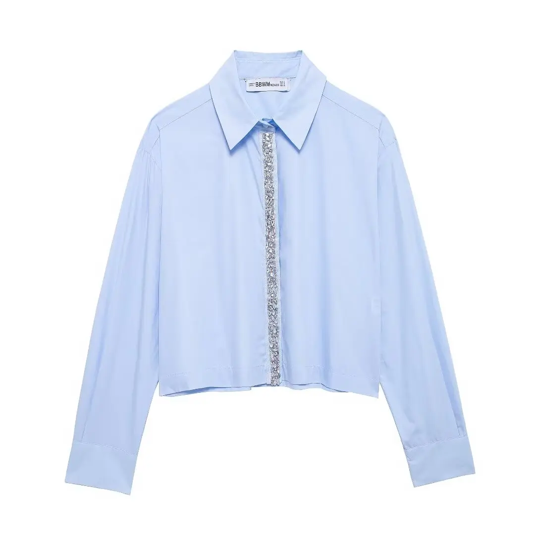 PB&ZA Women 2024 Autumn New Fashion Jewelry decorated poplin short Blouses Vintage Long Sleeve Female Shirts Blusas Chic Tops