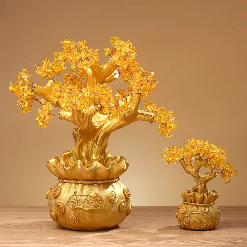 Wholesale creative Chinese style Chinatown golden luxury decoration Citrine Oak tree resin crafts Home Feng Shui ornaments