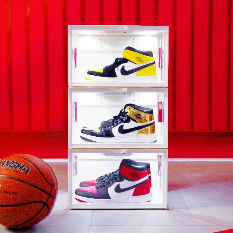 Горячая Распродажа, светодиодная коробка для хранения обуви с передним боковым дисплеем, прозрачные коробки для обуви премиум-класса на заказ, легкие штабелируемые