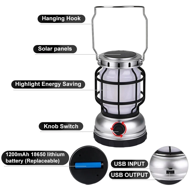 Retro Solar Lamp Hook Large Rechargeable Hanging Dimming Camping Lamp Rechargeable led Horse Lantern