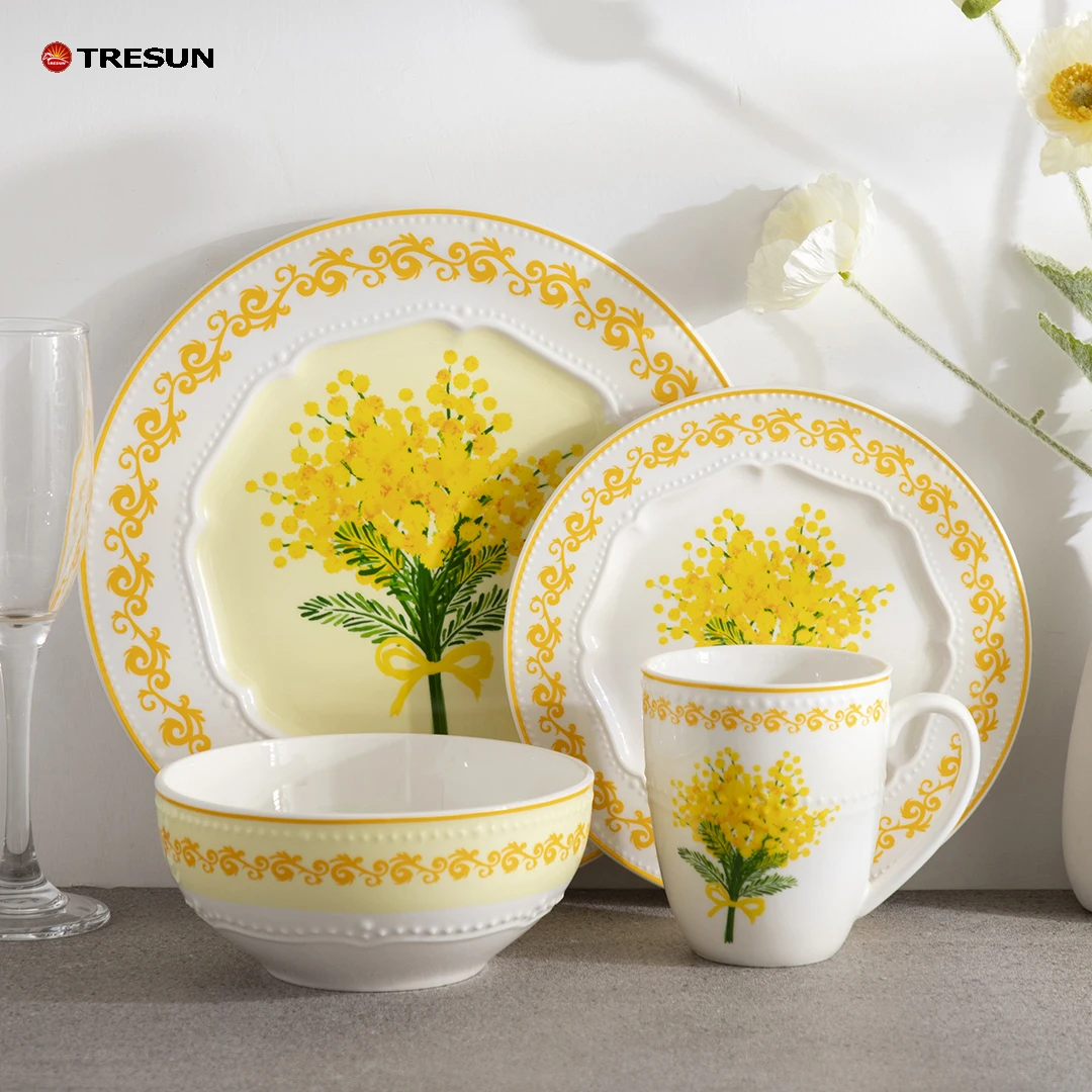 wholesale round embossing 16 pieces breakfast set yellow mimosa flower floral decal porcelain dinner set dinnerware with mug