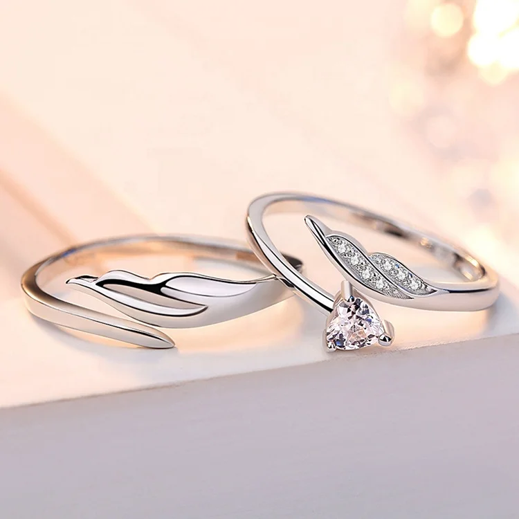 Fashion Angel Wing Couple Ring Zircon Wedding Engagement Ring 925 Sterling Silver
