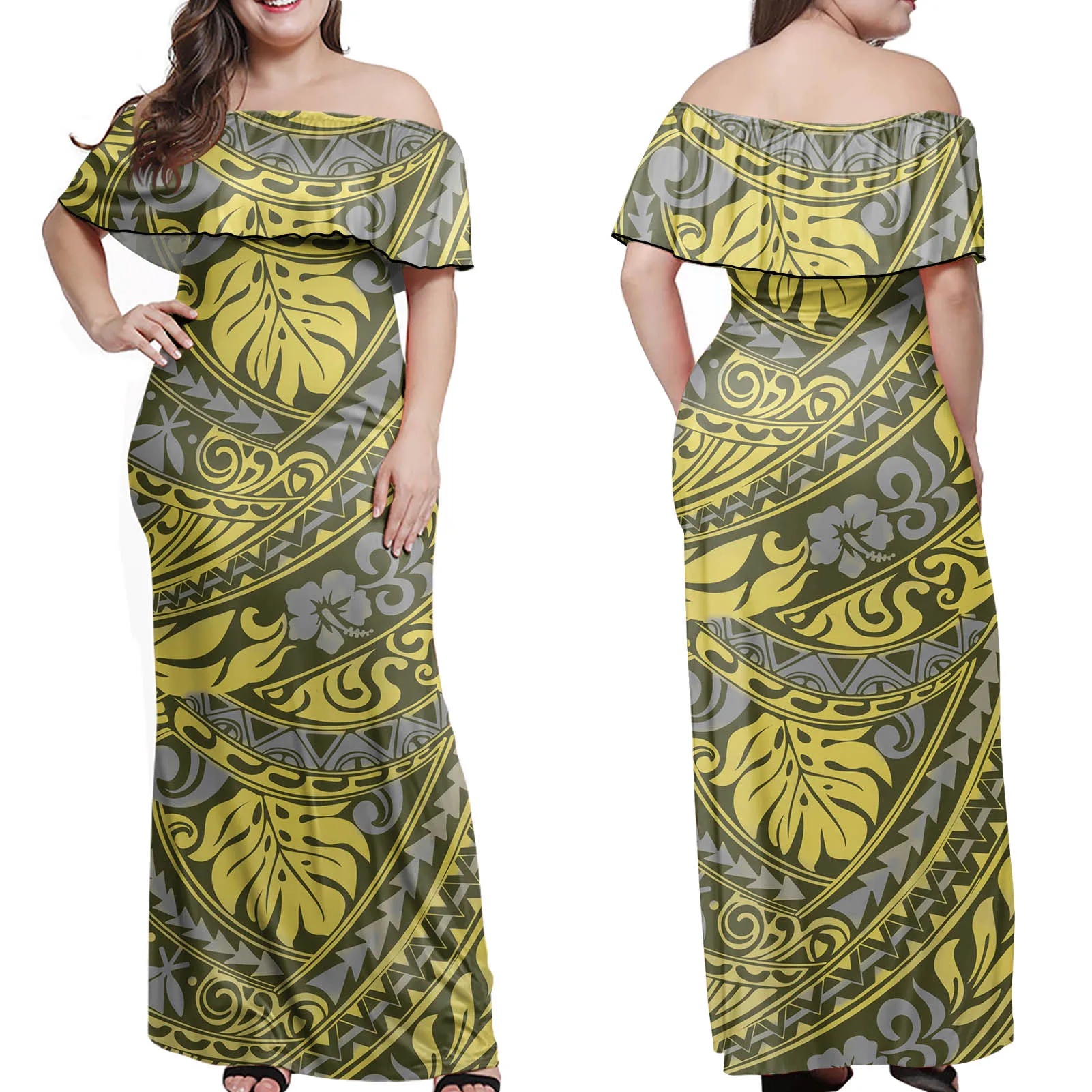 Модные полинезийские племенные Гавайские сексуальные платья с принтом листьев для женщин, Повседневное платье с открытой спиной и открытыми плечами, платья макси
