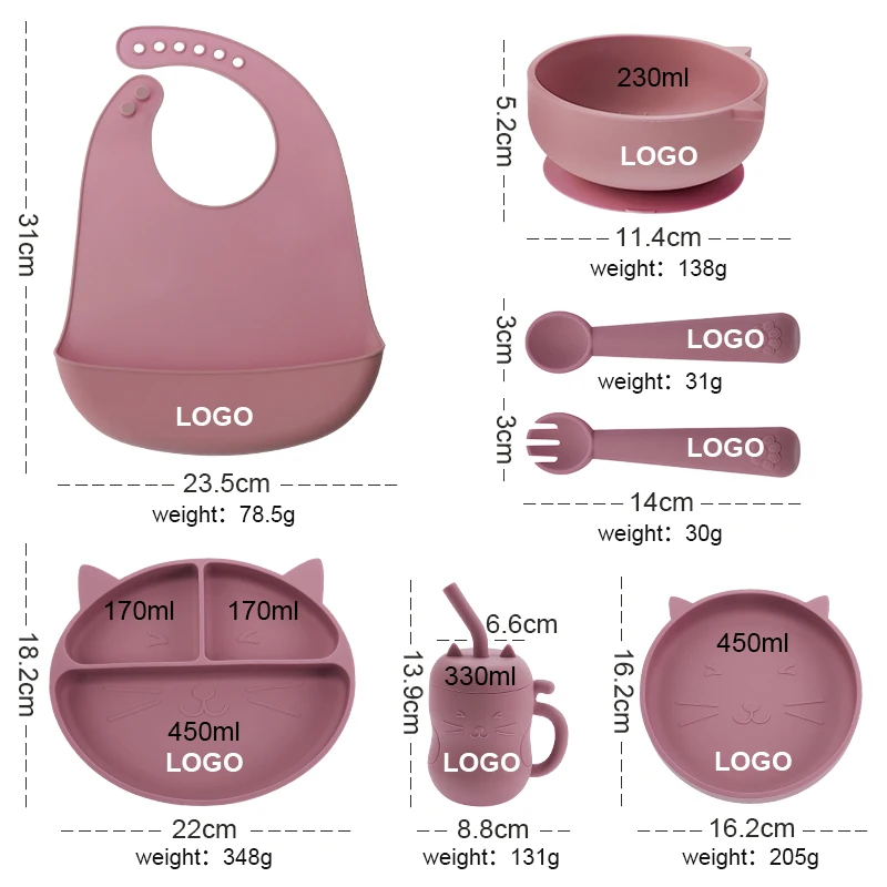 Cat Animal Food Grade Silicone Baby Feeding Set Bpa Free Plate Bowl Bib Cup Fork And Spoon Baby Feeding Dinnerware Set