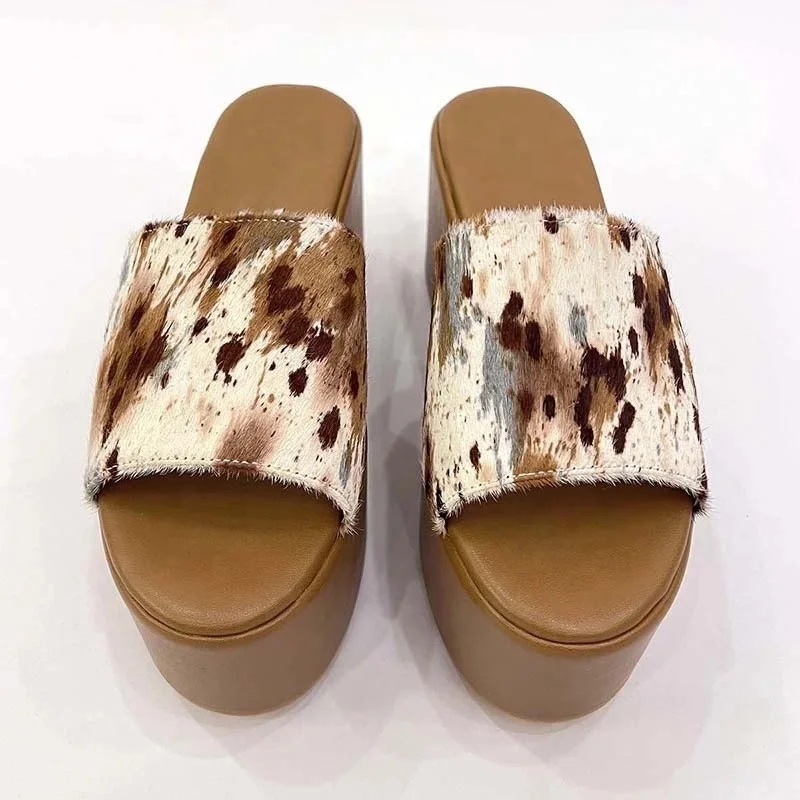 Thick platform zebra pattern horse hair women slides slippers leather sandals