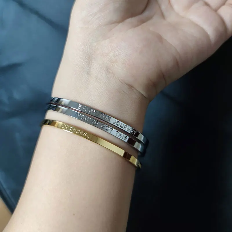 Custom Logo Stacking Full Circle Round Inspirational Engraved Women Stainless Steel Bangle Bracelet