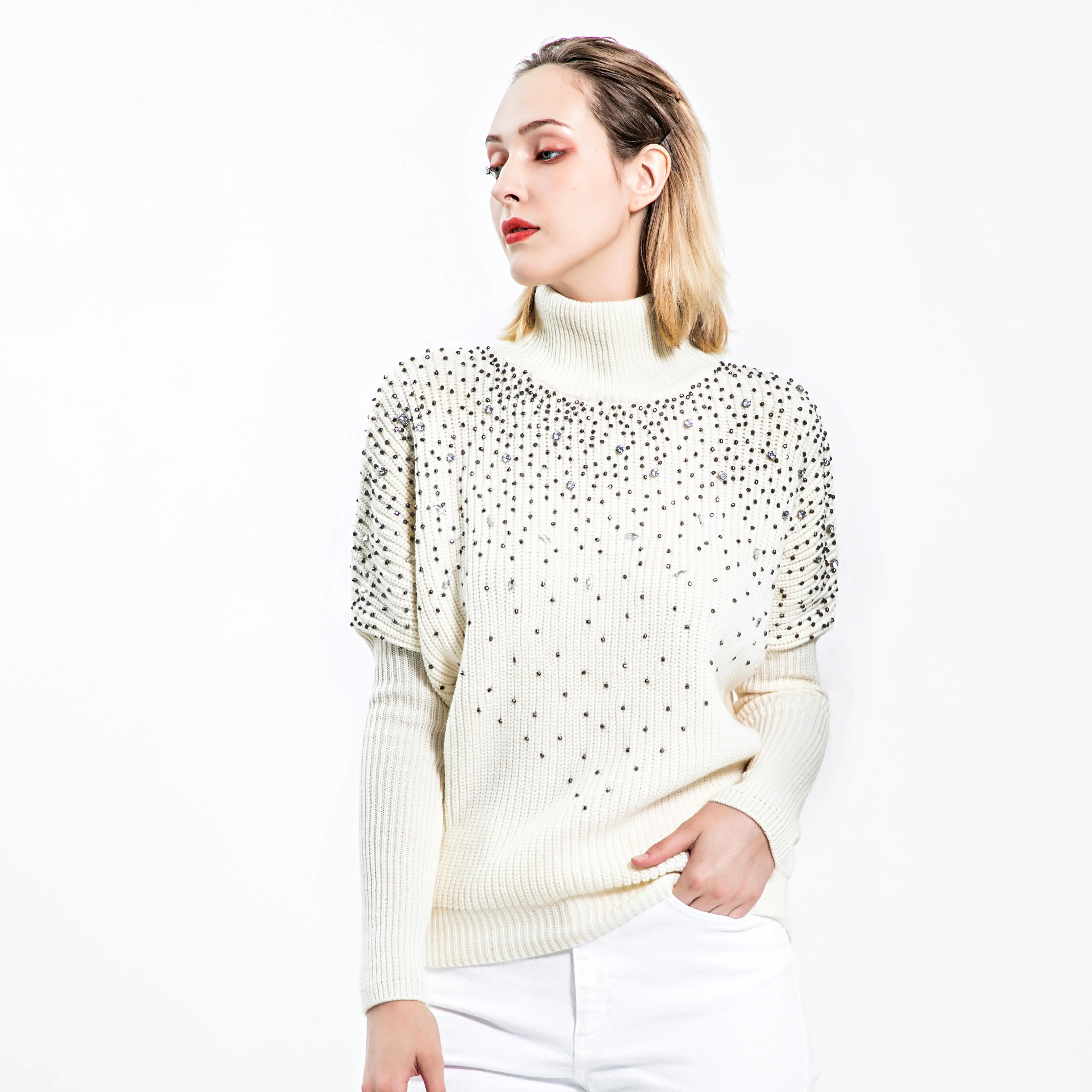 Оригинальный кардиган с воротником-хомутом от производителя, свитер, женские свитера большого размера, пуловер, вязаный хлопковый свитер с воротником-хомутом для женщин