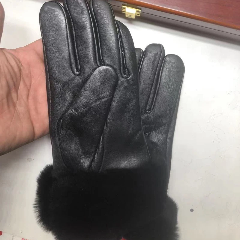 Fashion Ladies Sheep Leather Gloves Touch Screen Rex Rabbit Plush Brand Winter Warm Luxury Genuine Leather