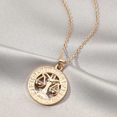 
Fashion Jewelry 12 Zodiac Image Sign Solid Golden Coin Pendant Necklace Chain Link Necklaces For Women 