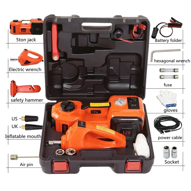Tire change kit car tool electric hydraulic automatic  car jacks with Socket wrench safety hammer electricity connection