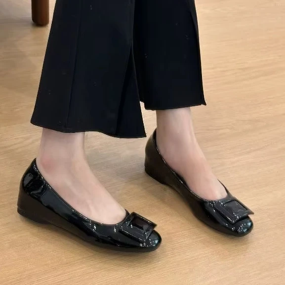 Simple Casual Leather Office Flat Shoes For Women Square Head Leather Ballet Flat Shoes
