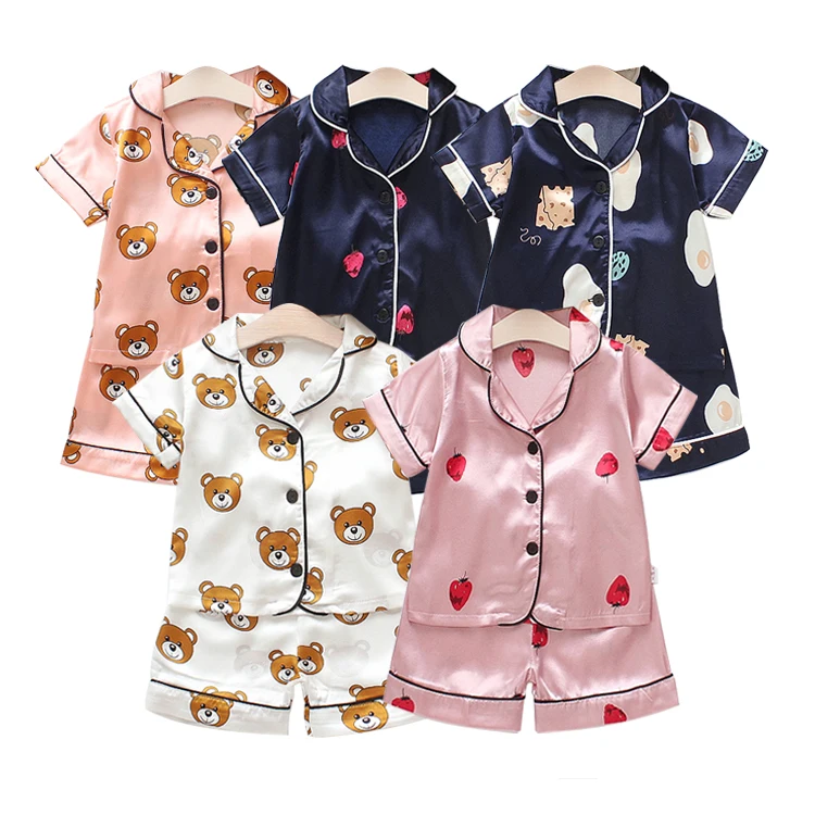 Sleepwear korean style print short sleeve summer satin 2 piece kid pajamas shorts sets