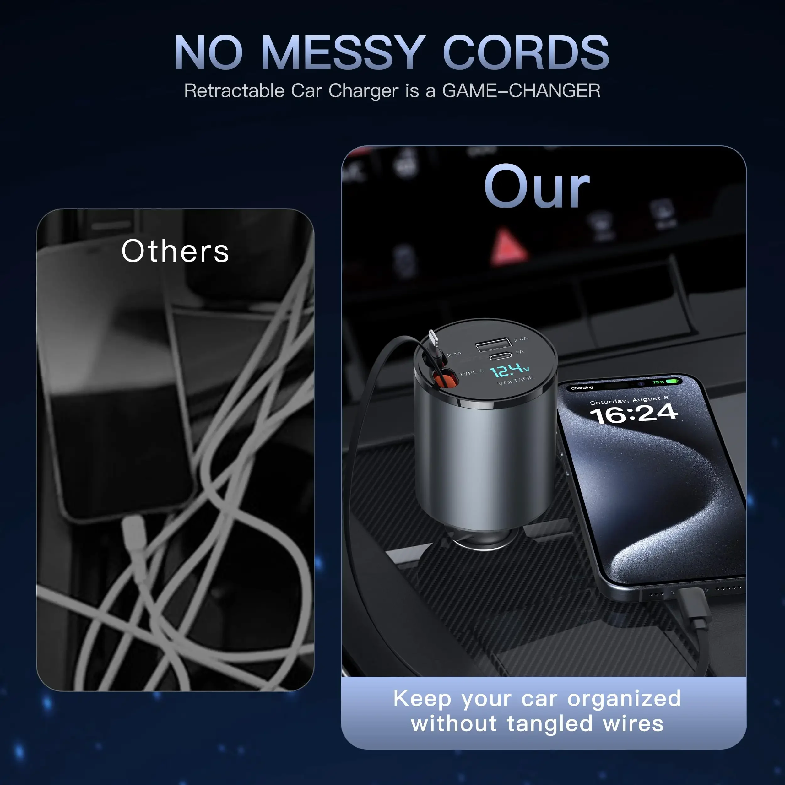 PSDA Multi Retractable Car Charger 4 in 1 Car Fast Charger 60W Retractable Cables (2.6FT) Type C Ports FOR iPhone 15 Samsung