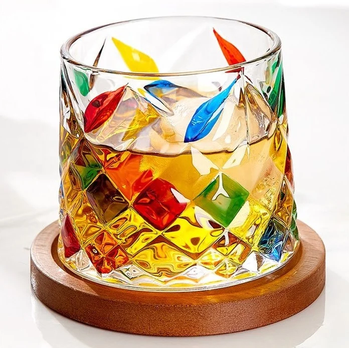 Colorful hand painted creative rotating glass beer mug transparent for premium bar drinking glass with wooden base and color box
