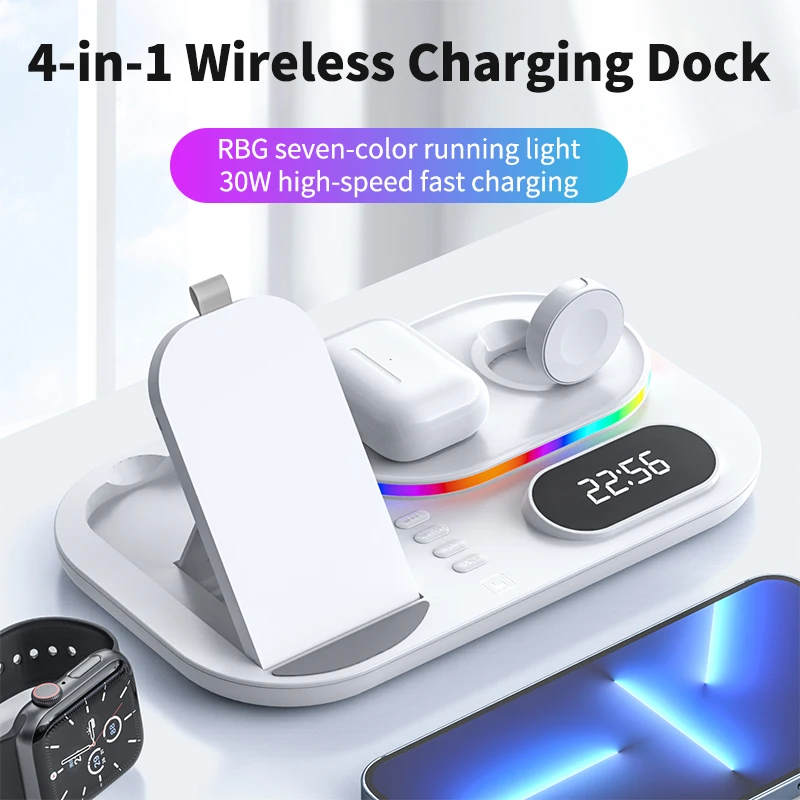 3 in one wireless charger stand with alarm clock Desktop 15W foldable fast wireless charging stand for iWatch