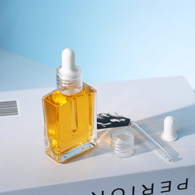 Rectangle Clear Glass Pipette Serum Bottles 15ml 30ml 100ml Essential Oil Square Glass Dropper Bottles with Pipette