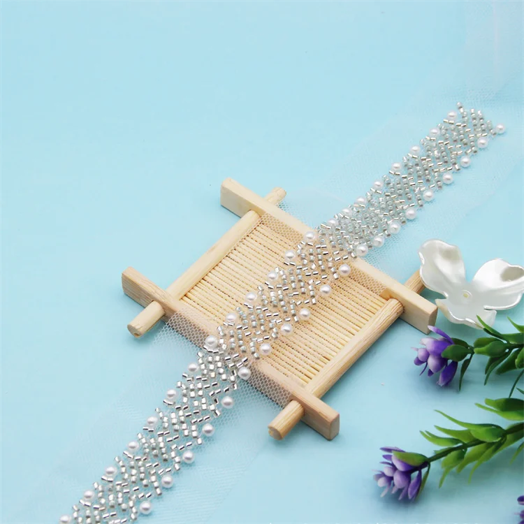 Fabric Clothes Decoration Wedding Dress Collar Pearl Beaded Lace Trim Tape Mesh Guipure Lace Embroidered Ribbon For Dresses