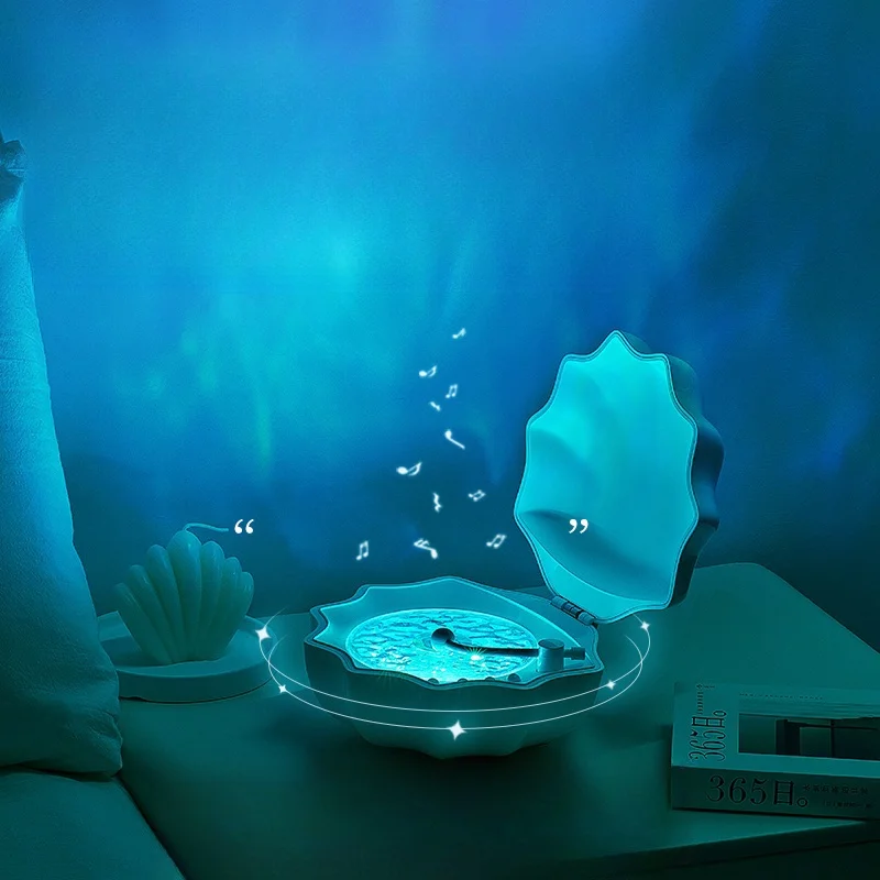 Dreamy Sea Shell Shape Music Speaker Lamp 1200mAh Rechargeable Water Ripple Aurora Projector Sleep Aid Music Night Light