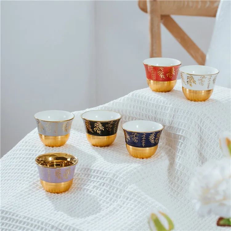 Custom design logo arab saudi porcelain 12pcs gift set gold decor 80cc ceramic tea cawa cup set arabic coffee cup cawa cups